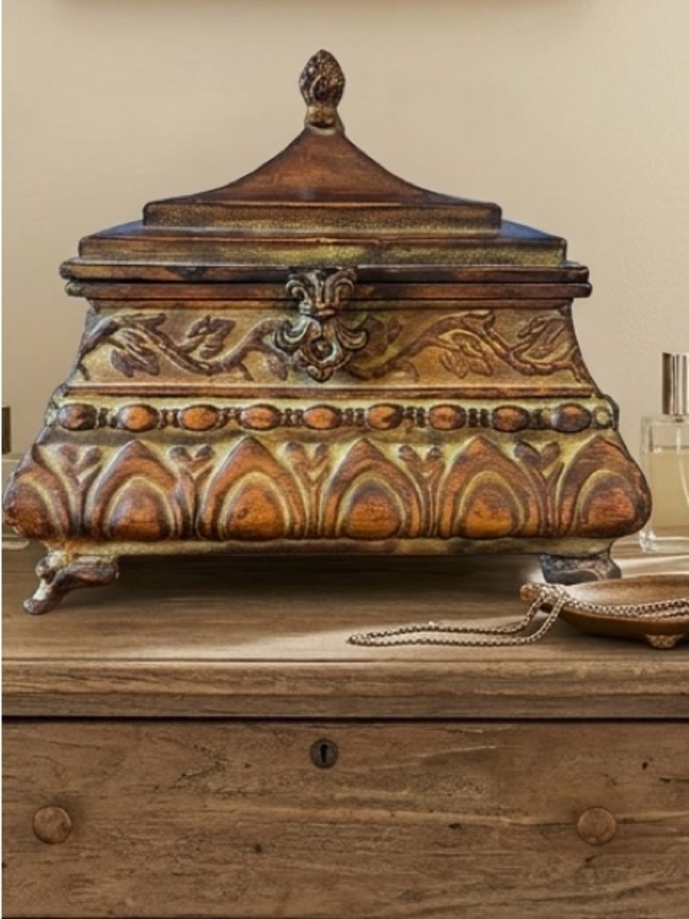 Persian style Ornate Decorative Tin Jewelry Box in Antique Bronze Finish